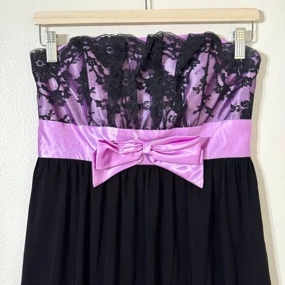 Vtg Y2K Gunne Sax Strapless Dress Bubble Hem Purple Bow Lace Prom Party Lavender - Picture 2 of 15